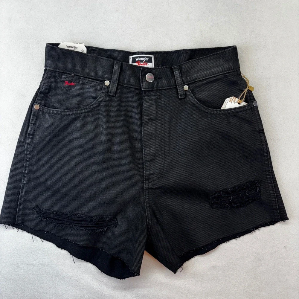 Wrangler Fender Festival Shorts Womens 28 Black High Rise Distressed Denim New - Picture 3 of 16